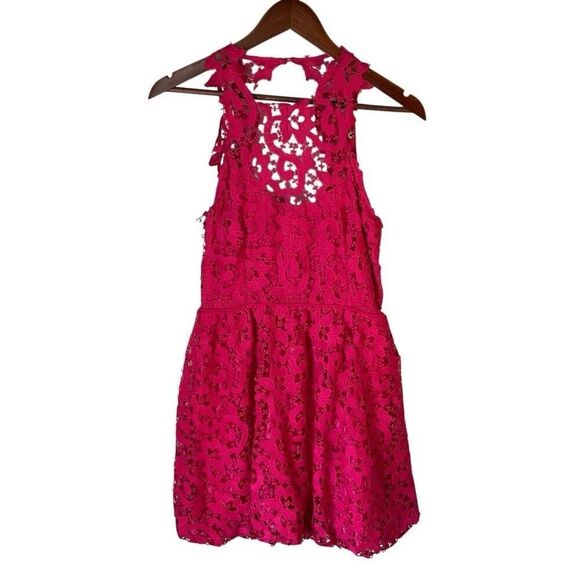 Saylor Hot Pink Lace Backless Mini Bubble Skirt Dress, M Pockets! - Picture 3 of 16
